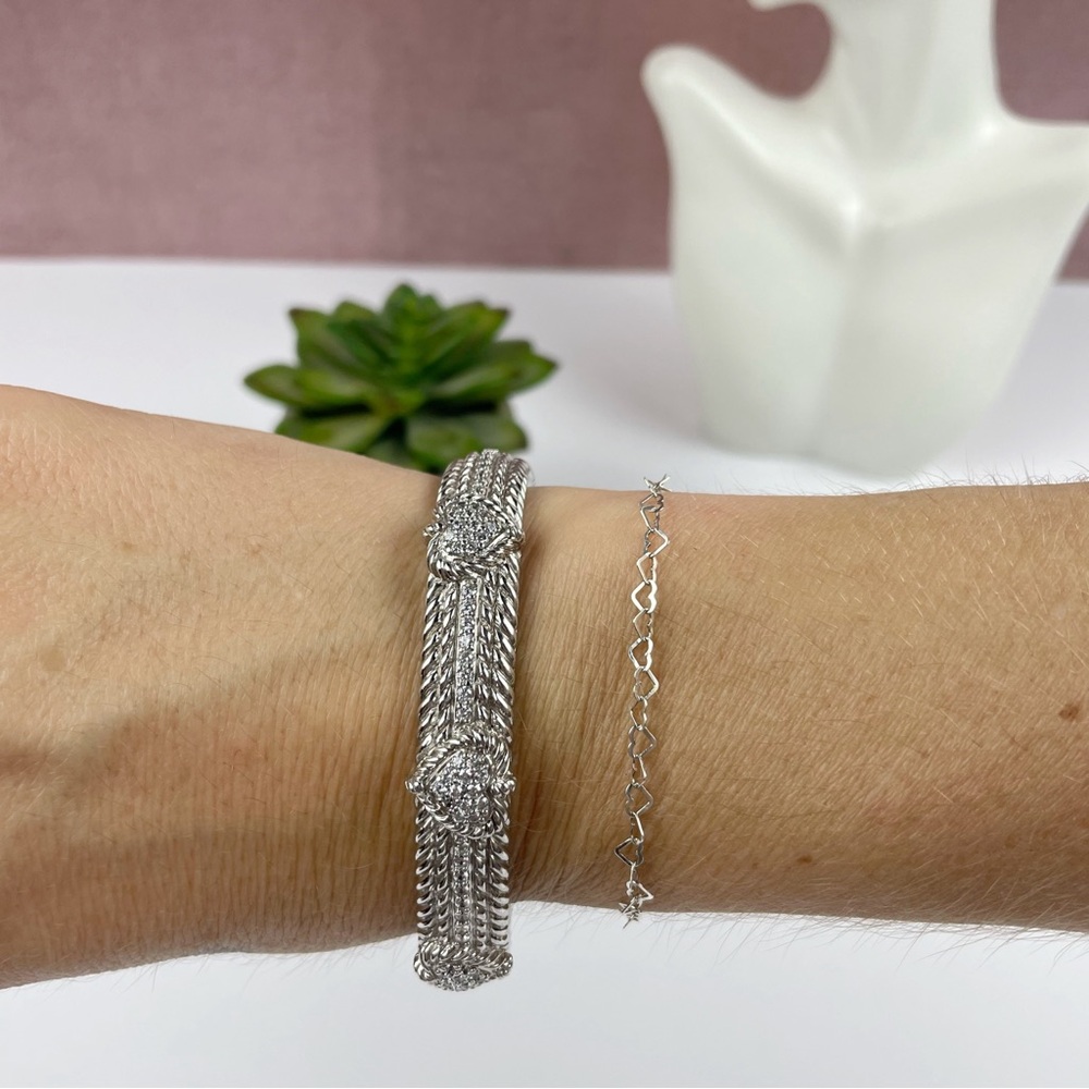 Judith Ripka 925 Silver Heart Diamond Like Bangle Cuff Bracelet Jewelry